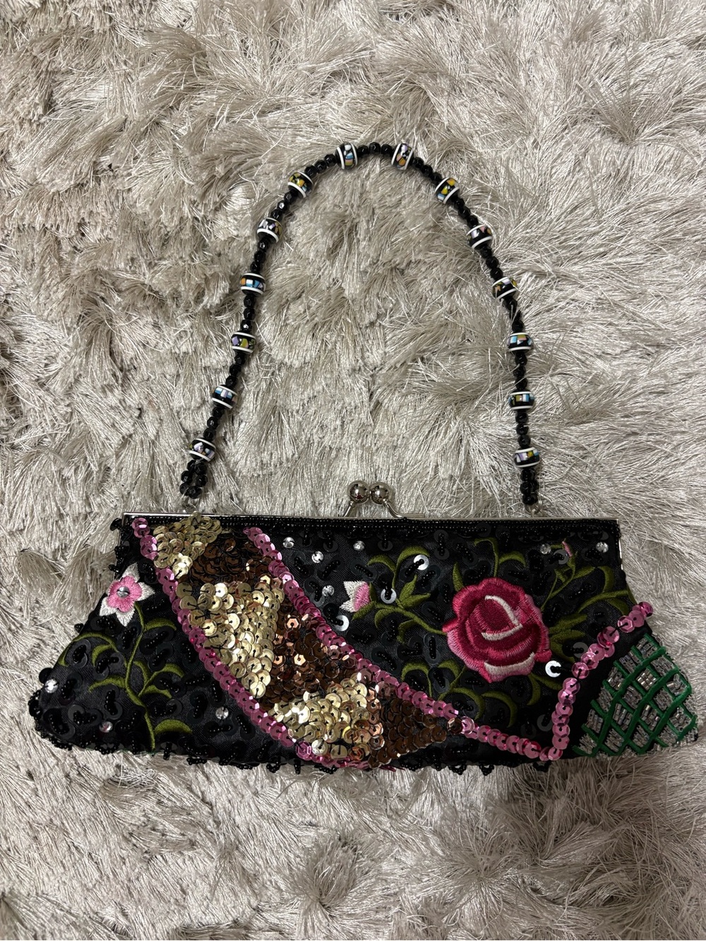 Also Embroidered Black Sequin Rose Evening Clutch
